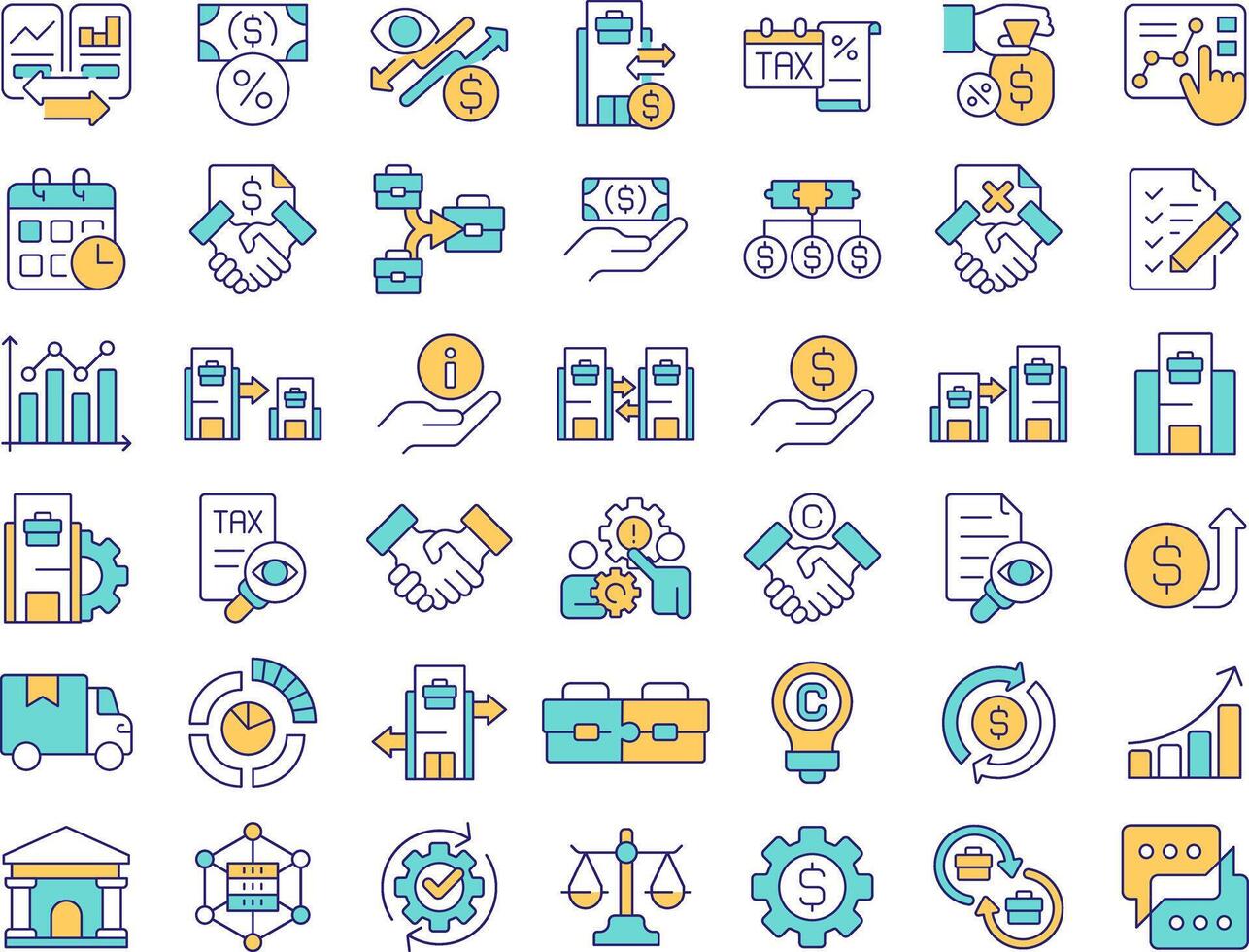 Intercompany transactions RGB color icons set. B2B finances transfers. Commercial activity solutions. Isolated illustrations. Simple filled line drawings collection. Editable stroke vector