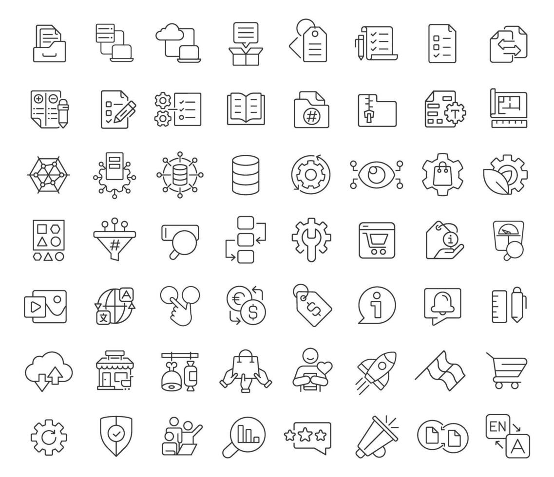 Product information management line icons set. Data required for goods selling. Distribution channels. Isolated outline illustrations. Thin lineart iconset symbols. Editable stroke vector