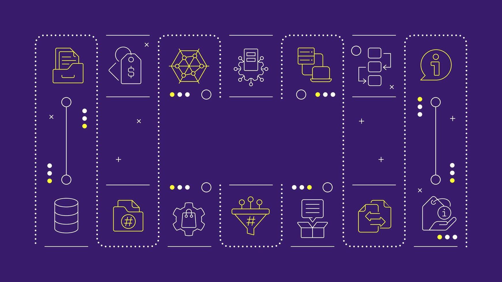 PIM dark purple word concept. Product information management system. Commercial data processing. Horizontal image. Headline text surrounded by editable outline icons vector