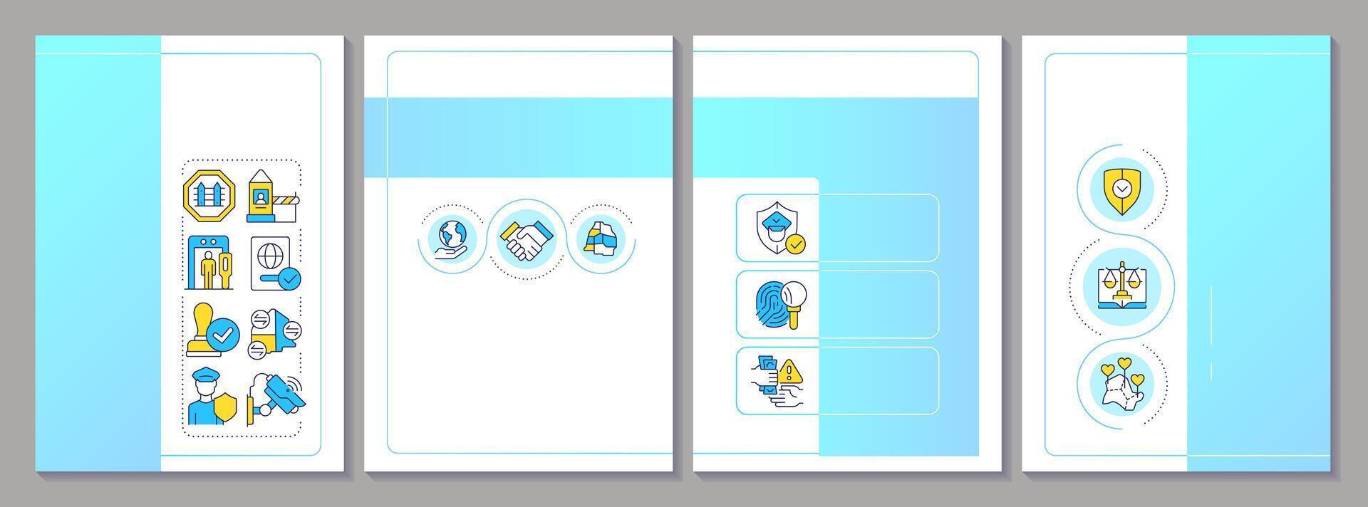 Integrated border management blue brochure layout. National security service maintenance. Leaflet advertising design with color line icons. Editable 4 pages vector