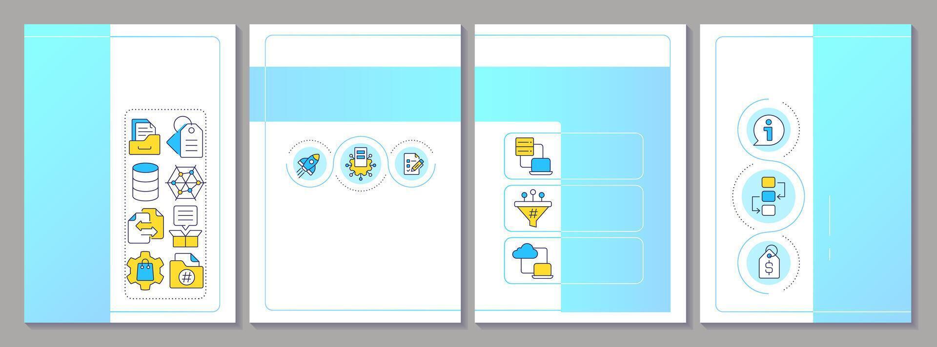 Product information management blue brochure layout. Benefits, features and data sheets. Leaflet advertising design with color line icons. Editable 4 pages vector