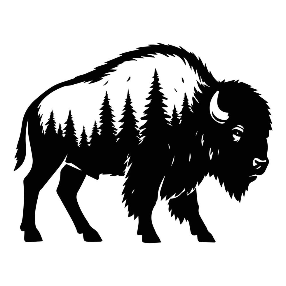 Bison Forest Nature animal art, Animal forest scene illustration, Jungle Animals silhouette sublimation design vector