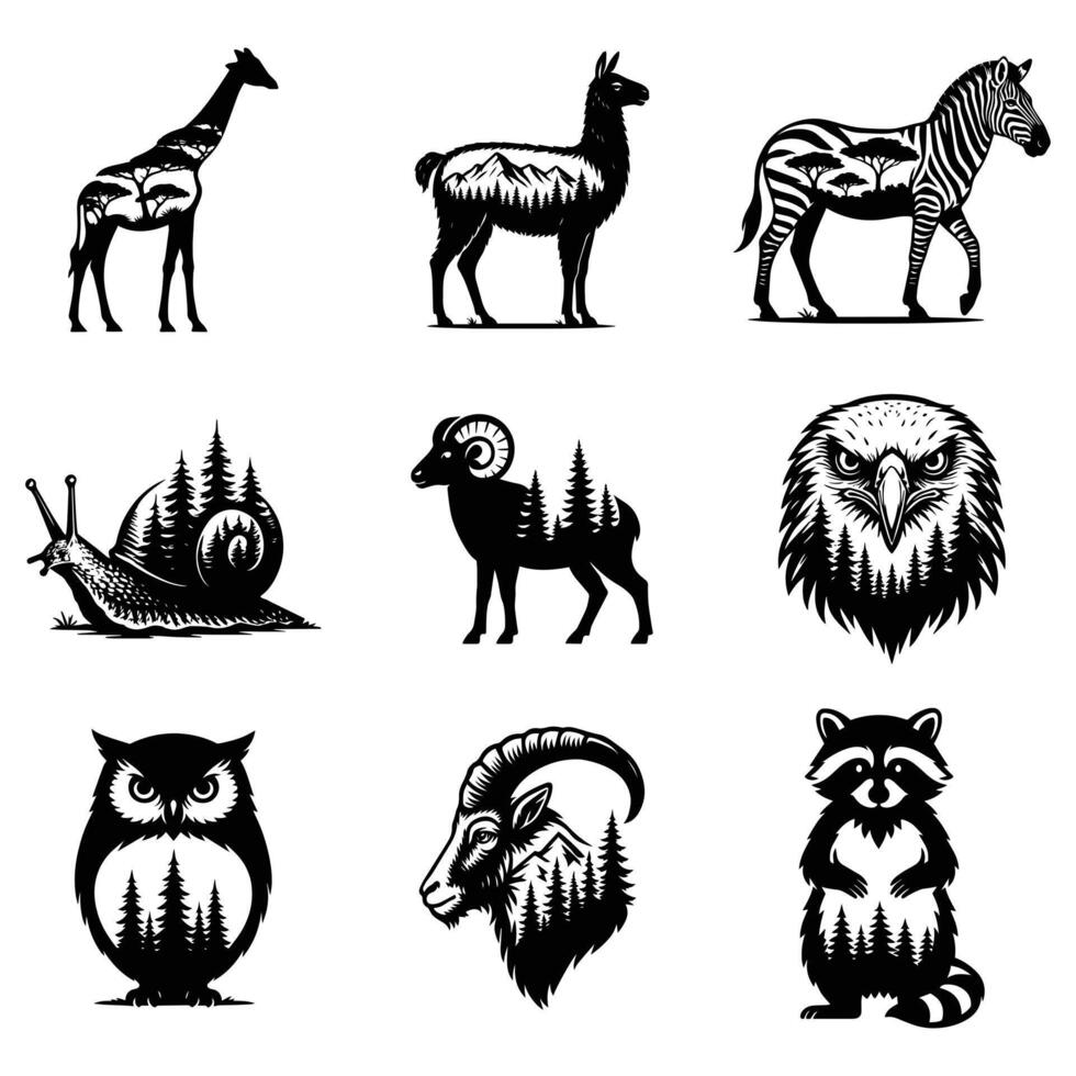 collection of Forest Nature animal art, Animal forest scene illustration, Jungle Animals silhouette sublimation design vector