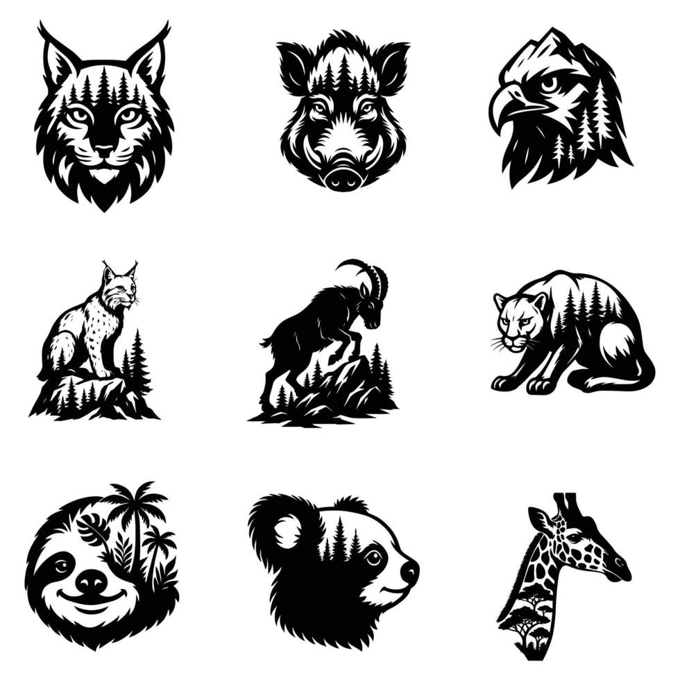 Forest Nature animal art set, Animal forest scene illustration, Jungle Animals silhouette sublimation design vector