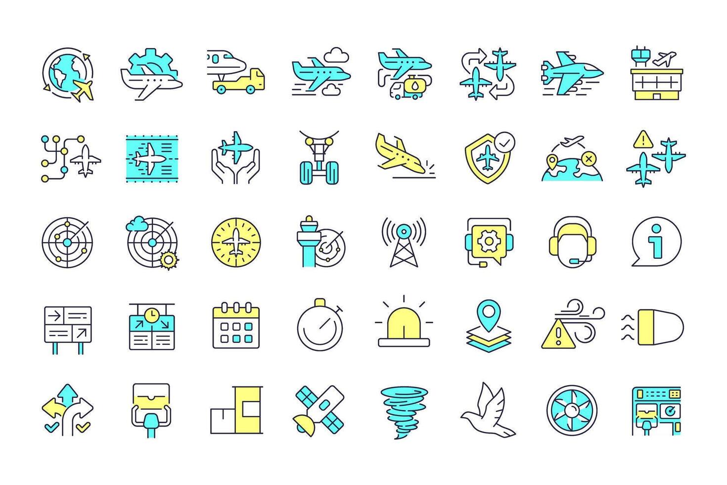 Air traffic management line color icons set. Navigation systems. Aircraft tracking, maintenance. Flight organization. illustrations. Simple flat colorful symbols collection. Editable stroke vector