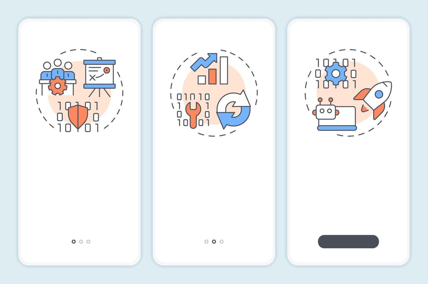 ITIL management practices onboarding mobile app screen. Walkthrough 3 steps editable graphic instructions with linear concepts. UI, UX, GUI vector