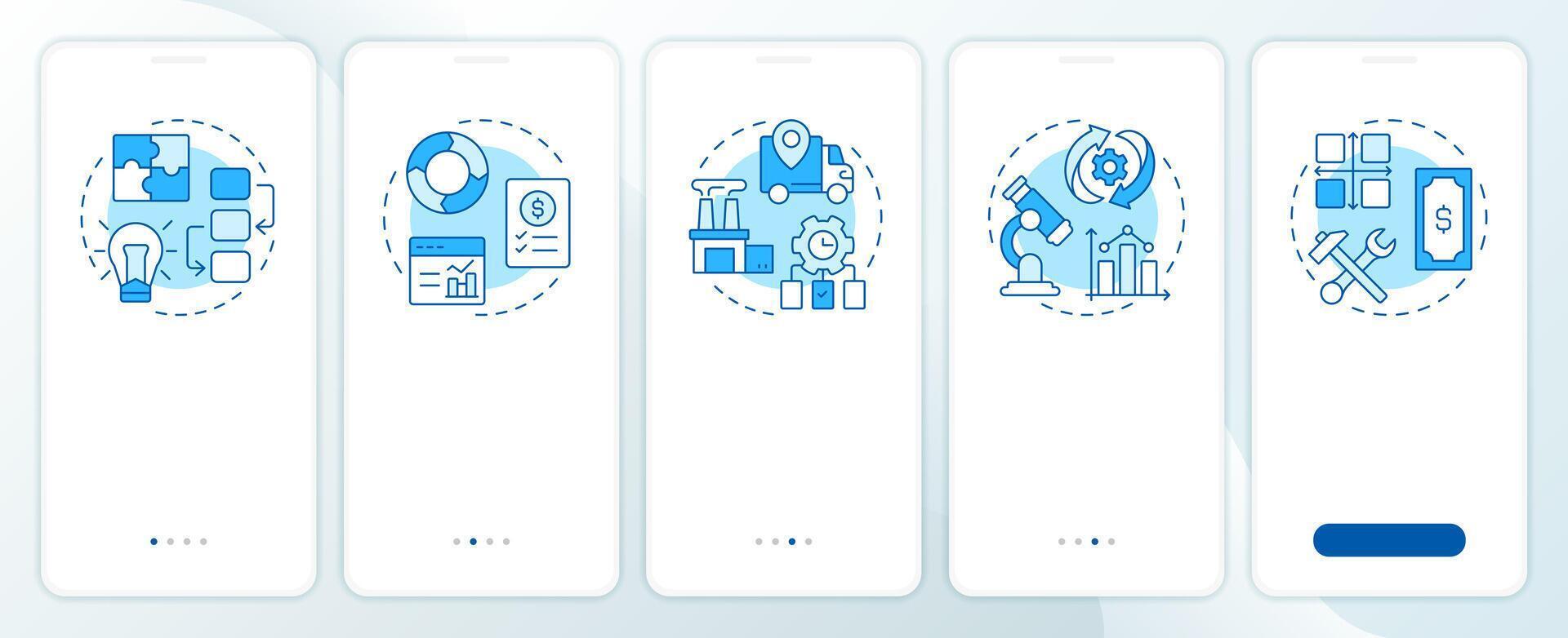 Value engineering instruments onboarding mobile app screen. Walkthrough 4 steps editable graphic instructions with linear concepts. UI, UX, GUI vector
