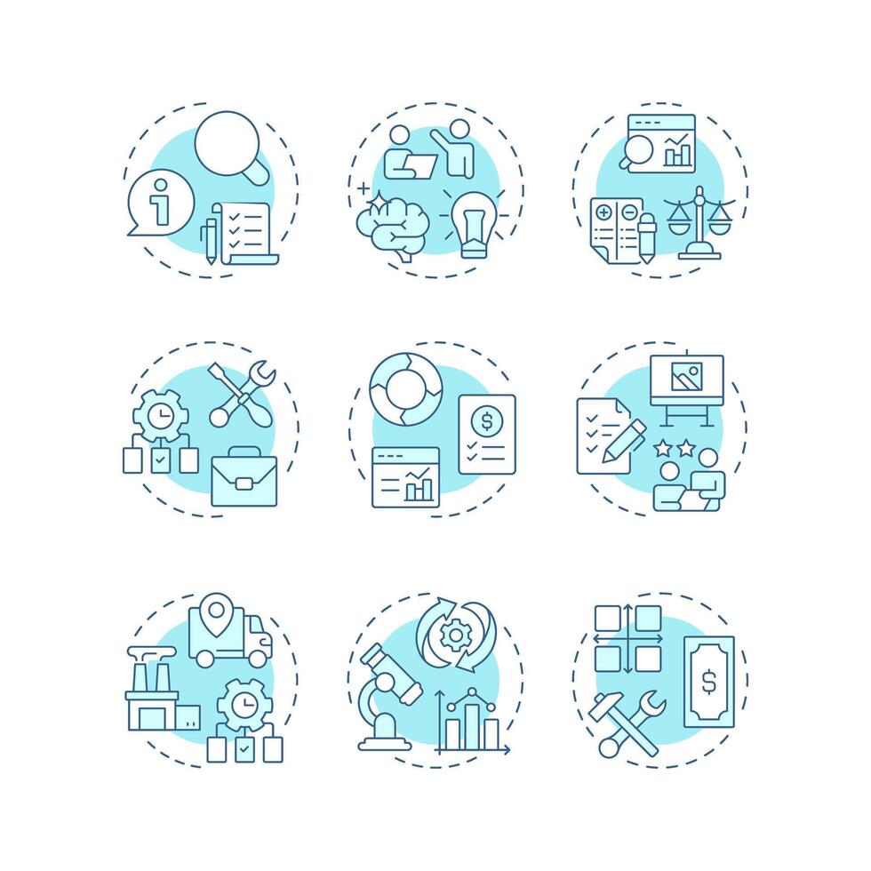 Value engineering soft blue concept icons. Data analysis, statistical metrics. Workflow organization. Icon pack. Round shape illustrations for infographic. Abstract idea vector