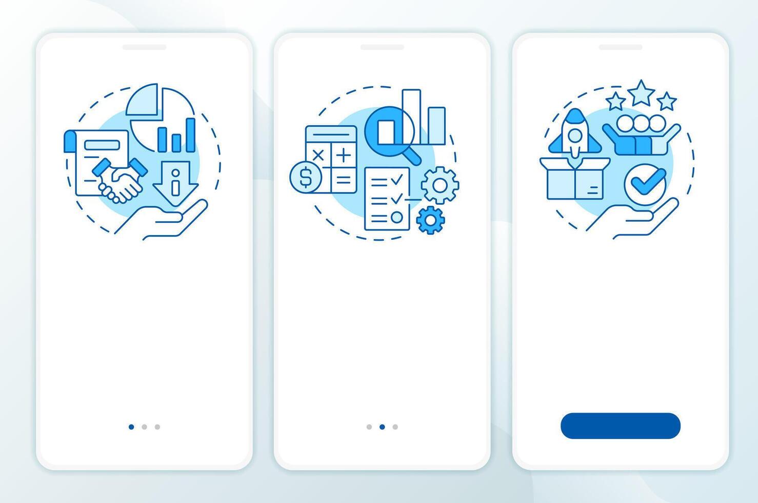 Workflow key components blue onboarding mobile app screen. Walkthrough 3 steps editable graphic instructions with linear concepts. UI, UX, GUI vector