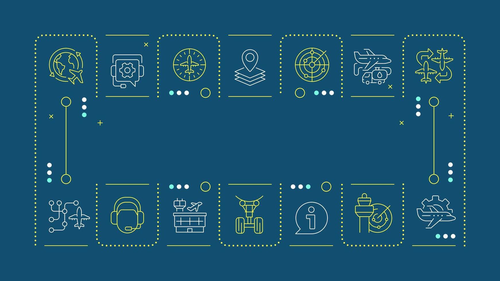 Air traffic management dark cyan word concept. Navigation systems. Tracking technology. Horizontal image. Headline text surrounded by editable outline icons vector