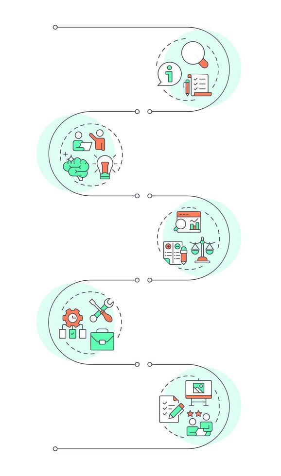 Value engineering methodology infographic vertical sequence. Project management, teamwork. Visualization infochart with 5 steps. Circles workflow vector