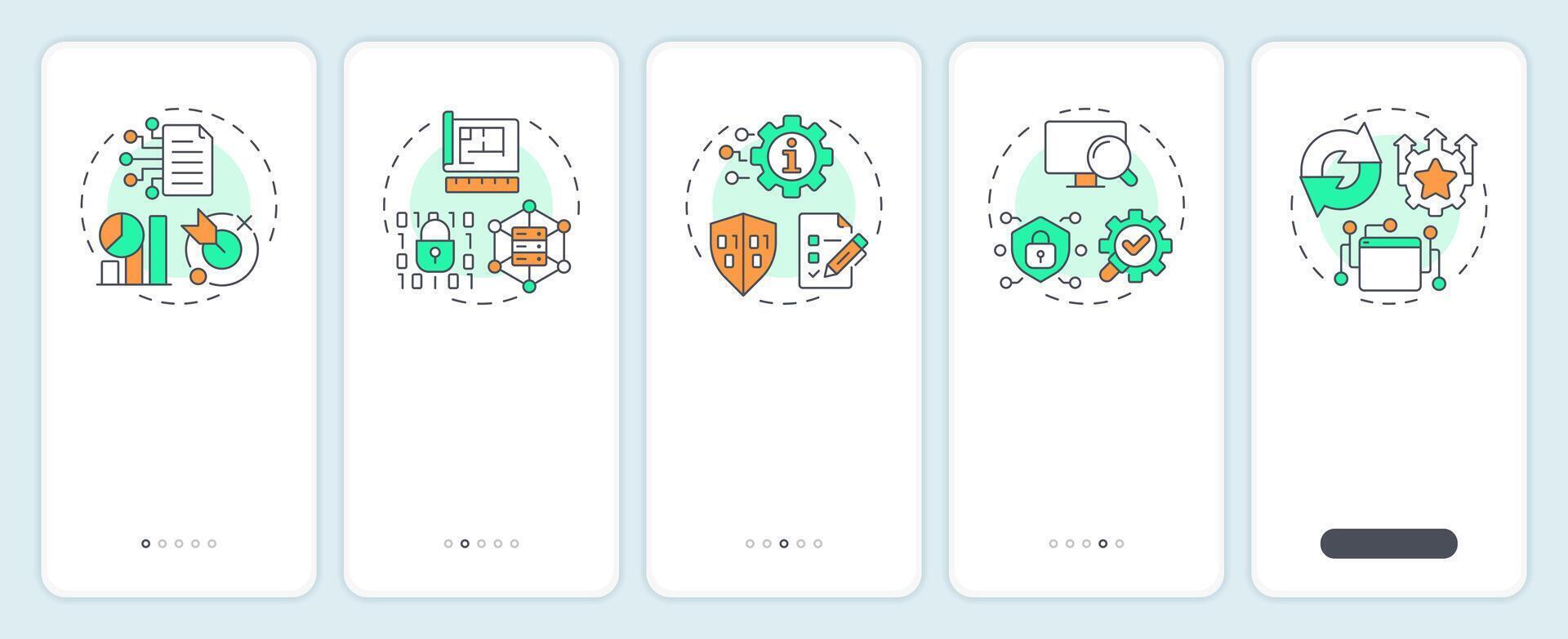 itil administración inducción móvil aplicación pantalla. eso infraestructura. recorrido 5 5 pasos editable gráfico instrucciones con lineal conceptos. ui, ux, gui vector