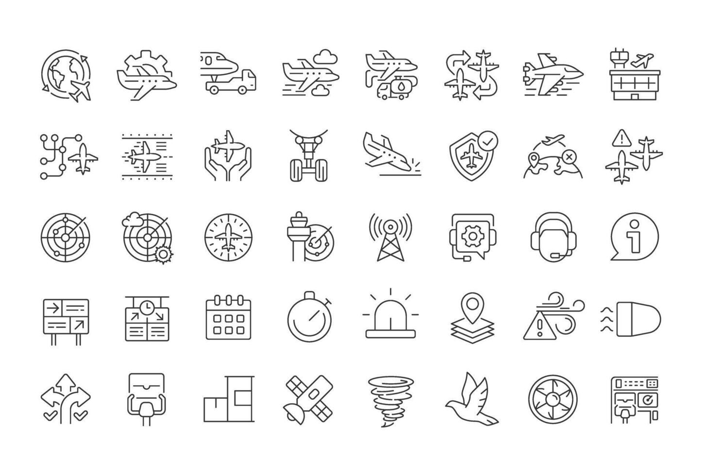 Air traffic management line icons set. Flight organization, satellite navigation. Aircraft safety. Isolated outline illustrations. Thin lineart iconset symbols. Editable stroke vector
