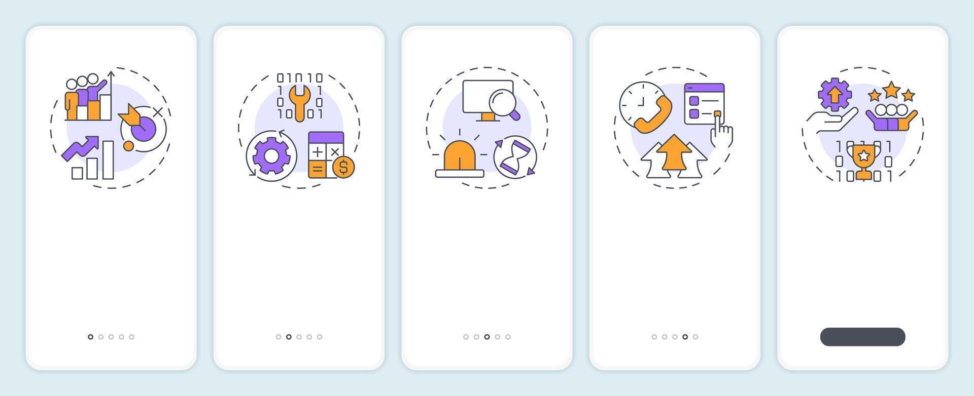 ITIL benefits onboarding mobile app screen. Walkthrough 5 steps editable graphic instructions with linear concepts. UI, UX, GUI vector