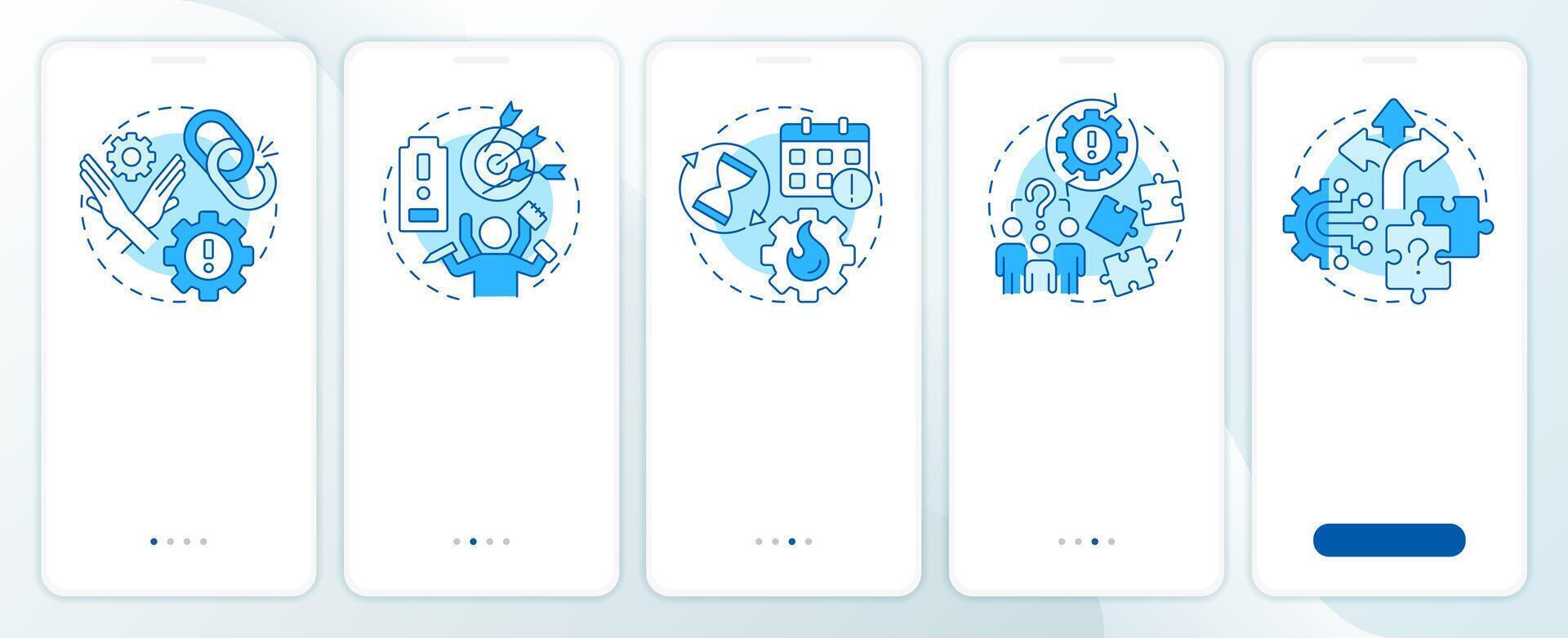 Workflow challenges blue onboarding mobile app screen. Team work. Walkthrough 5 steps editable graphic instructions with linear concepts. UI, UX, GUI vector