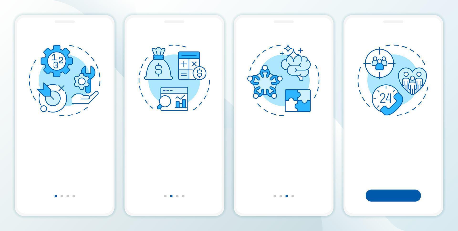 Value engineering techniques onboarding mobile app screen. Walkthrough 4 steps editable graphic instructions with linear concepts. UI, UX, GUI vector