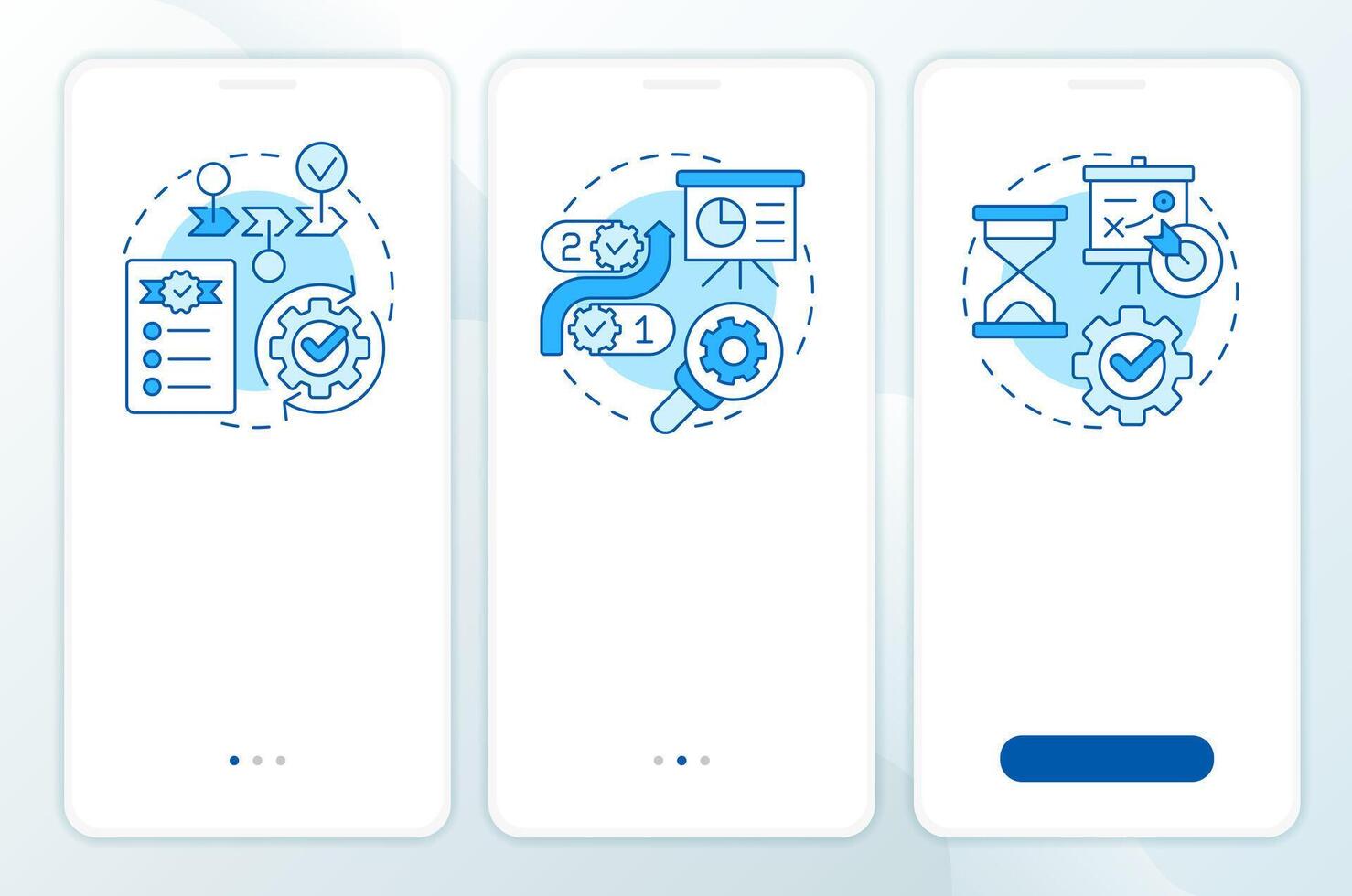 Different workflows blue onboarding mobile app screen. Planning, strategy. Walkthrough 3 steps editable graphic instructions with linear concepts. UI, UX, GUI vector