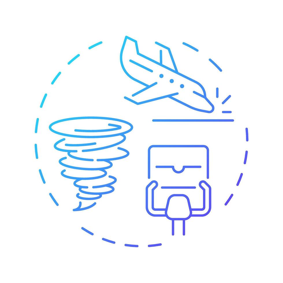 Inflight control loss blue gradient concept icon. Aviation safety, accident. Weather, turbulence. Round shape line illustration. Abstract idea. Graphic design. Easy to use in article, blog post vector