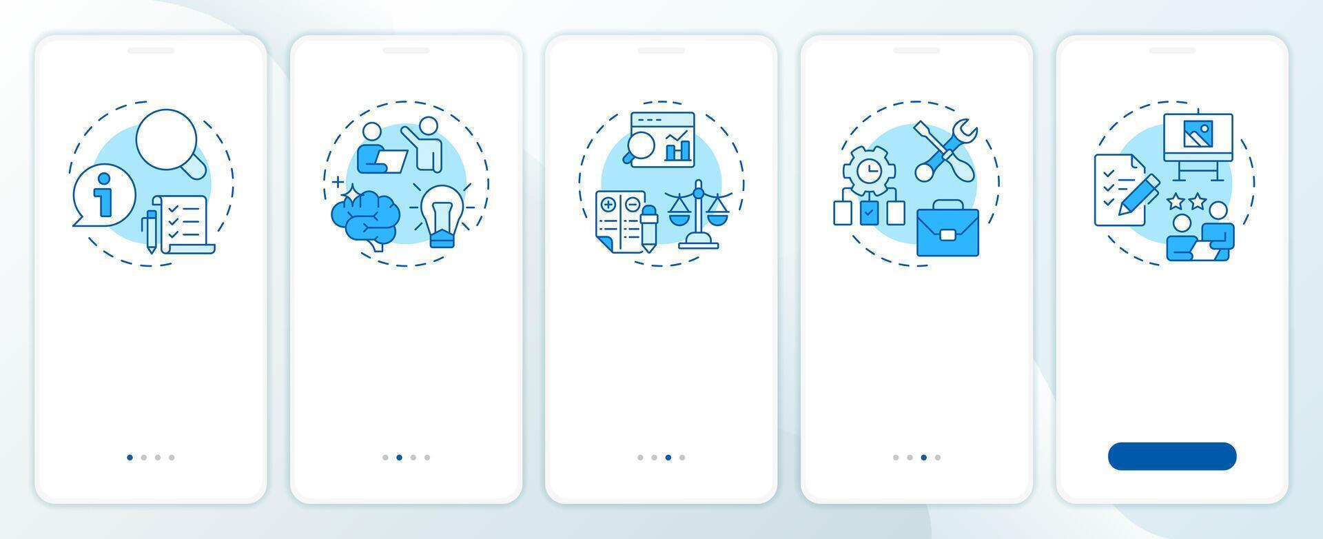 Value engineering onboarding mobile app screen. Workflow organization. Walkthrough 5 steps editable graphic instructions with linear concepts. UI, UX, GUI vector