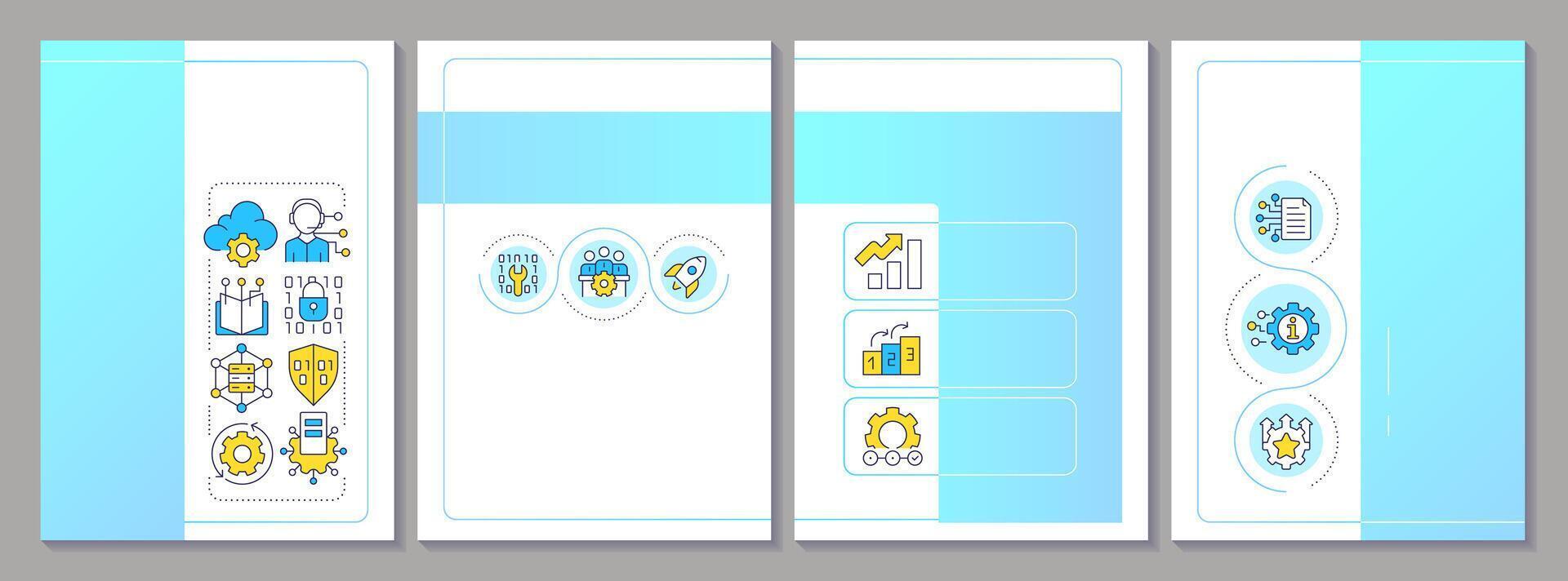 ITIL service brochure layout. Cloud technology. Software development, programming. Leaflet advertising design with color line icons. Editable 4 pages vector