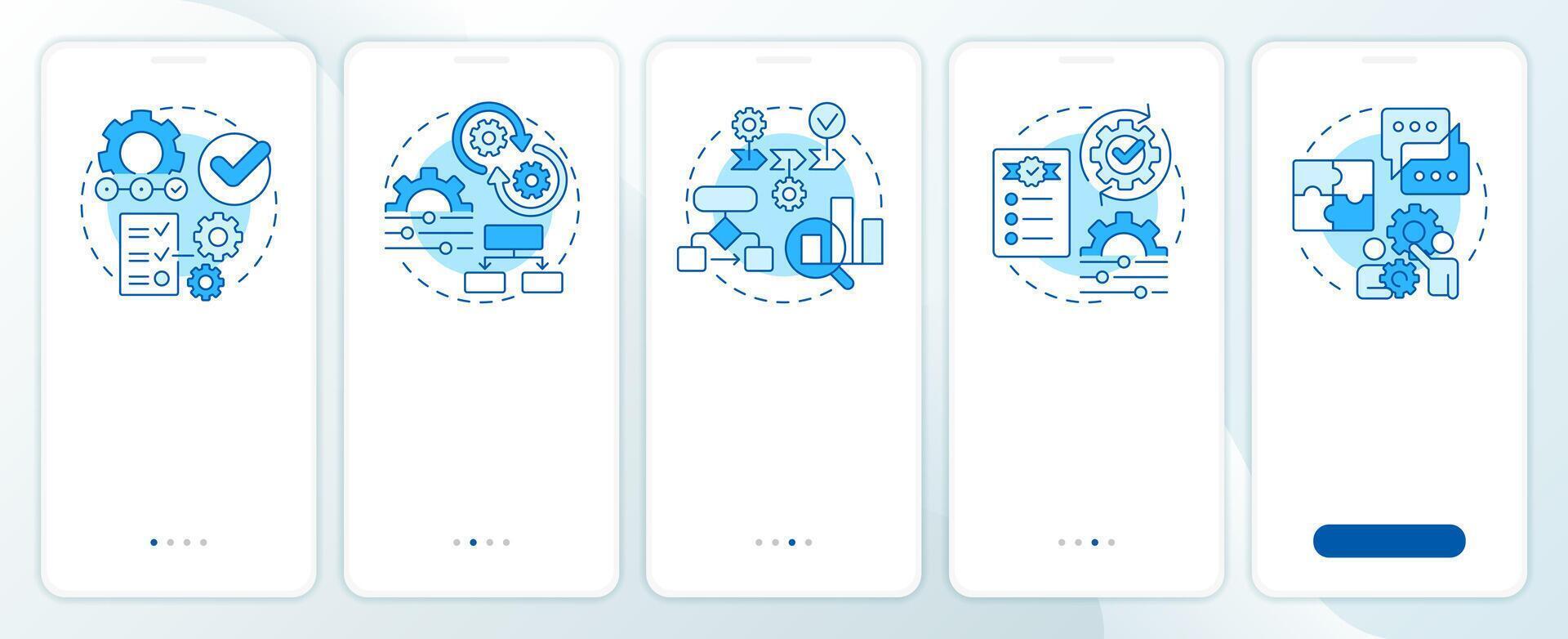 Basic workflow archetypes blue onboarding mobile app screen. Walkthrough 5 steps editable graphic instructions with linear concepts. UI, UX, GUI vector