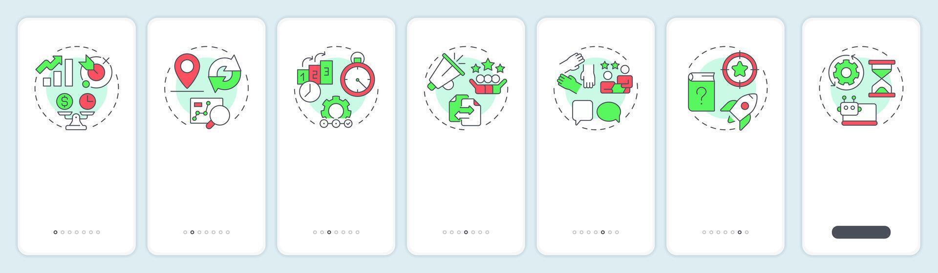 ITIL guiding principles onboarding mobile app screen. Methodology, control. Walkthrough 7 steps editable graphic instructions with linear concepts. UI, UX, GUI vector