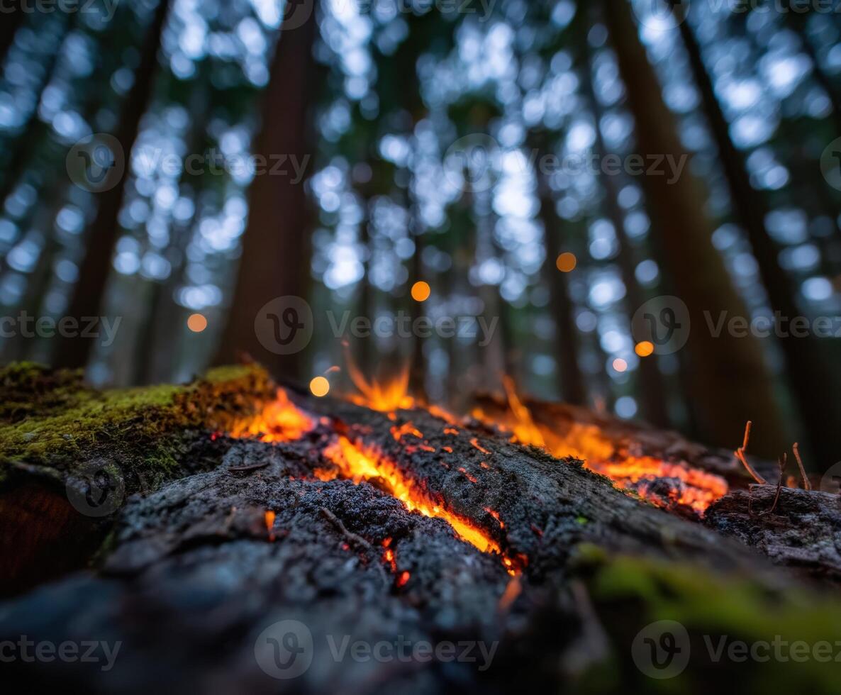 Campfire embers glow amidst towering forest trees at dusk photo