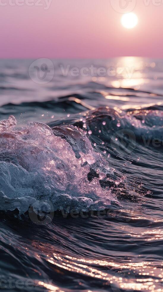 Gentle ocean waves glisten under a colorful sunset sky photo