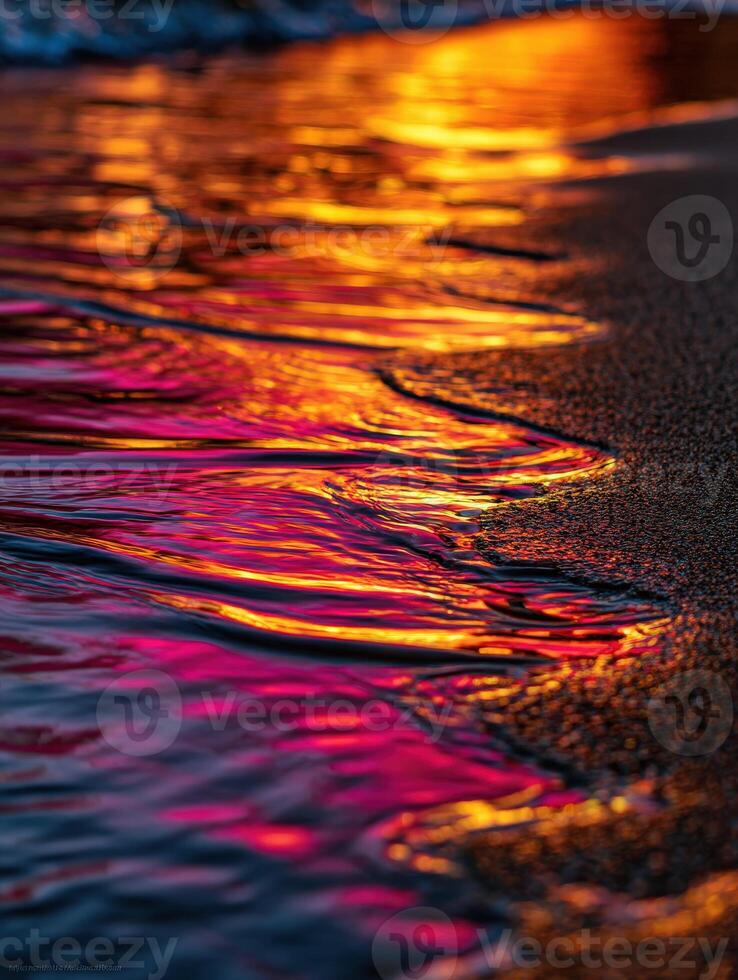 Vibrant reflections on water at sunset along the shore photo