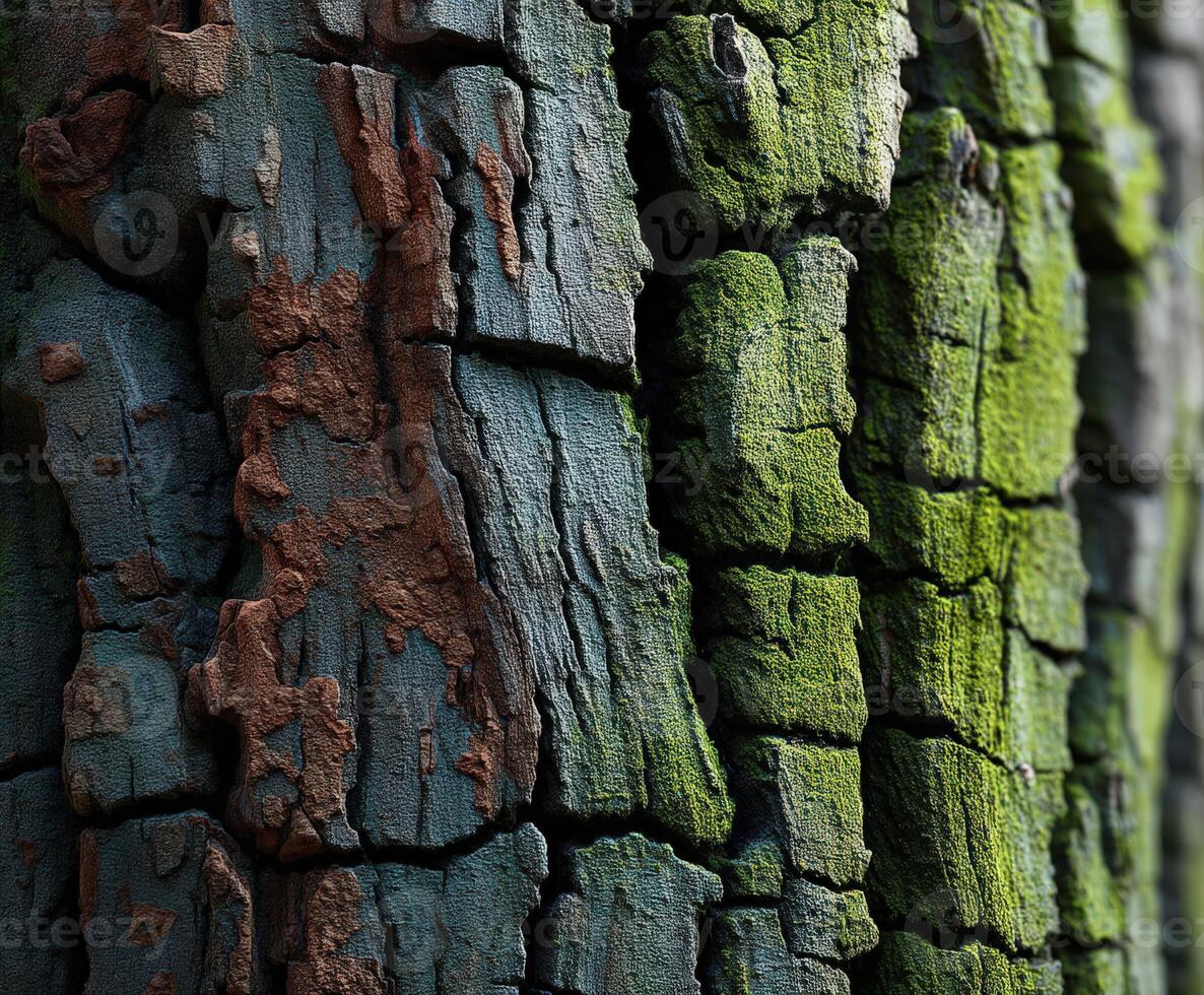 Textured bark of a tree showing vibrant colors and patterns photo