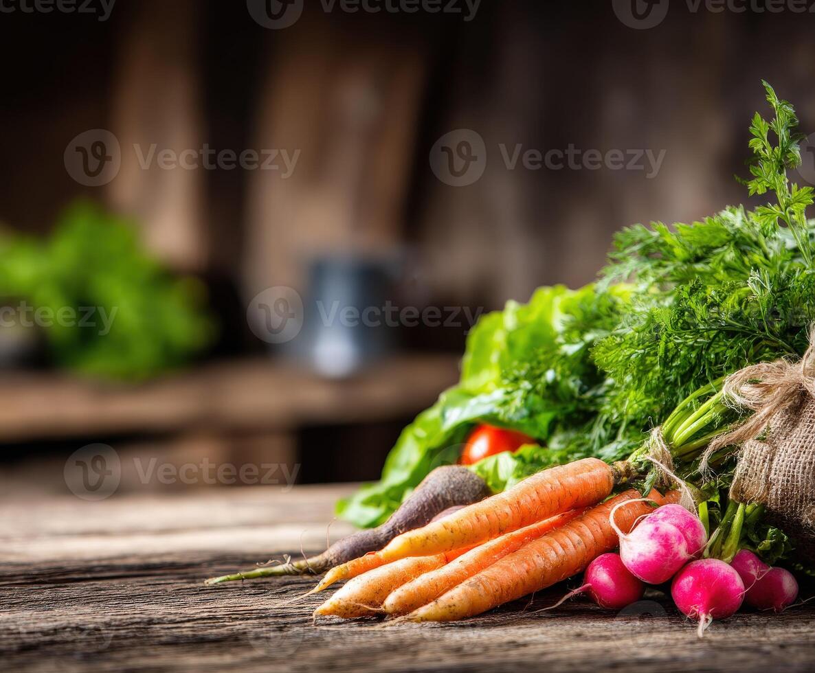 Fresh vegetables arranged on wooden table in natural light photo