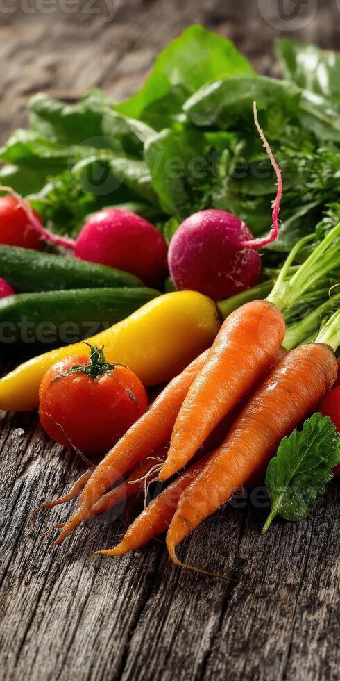 Fresh vegetables arranged on wooden table with vibrant colors photo