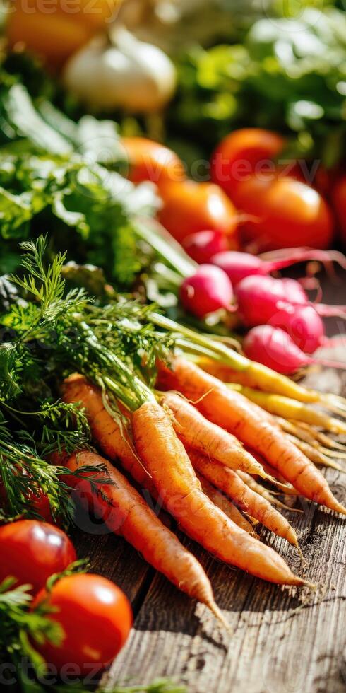 Freshly harvested vegetables arranged on a wooden table photo