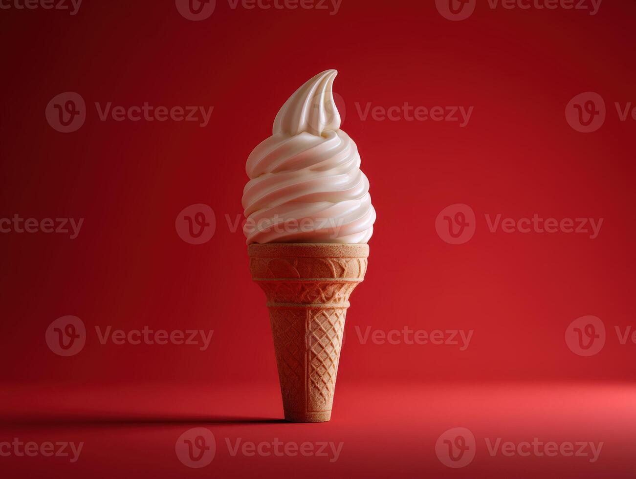 Swirled soft serve ice cream cone on bright red background photo