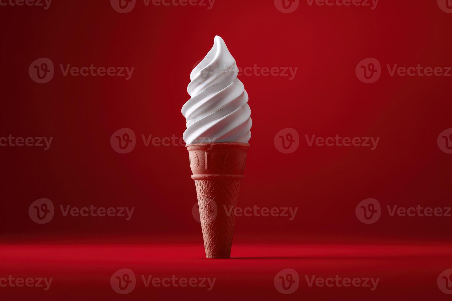 Delicious soft serve ice cream cone against red background photo