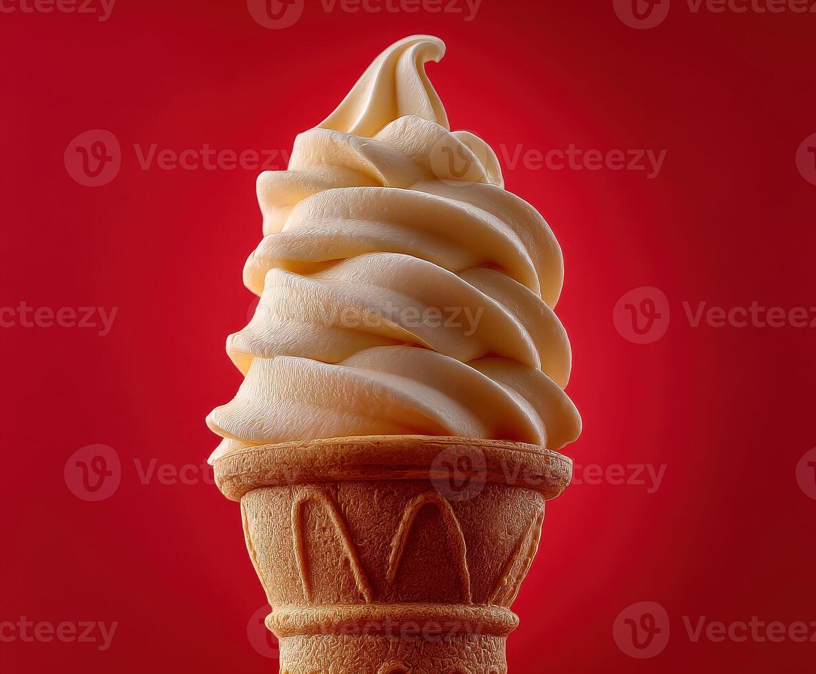 Delicious soft serve ice cream in a cone against a red backdrop photo