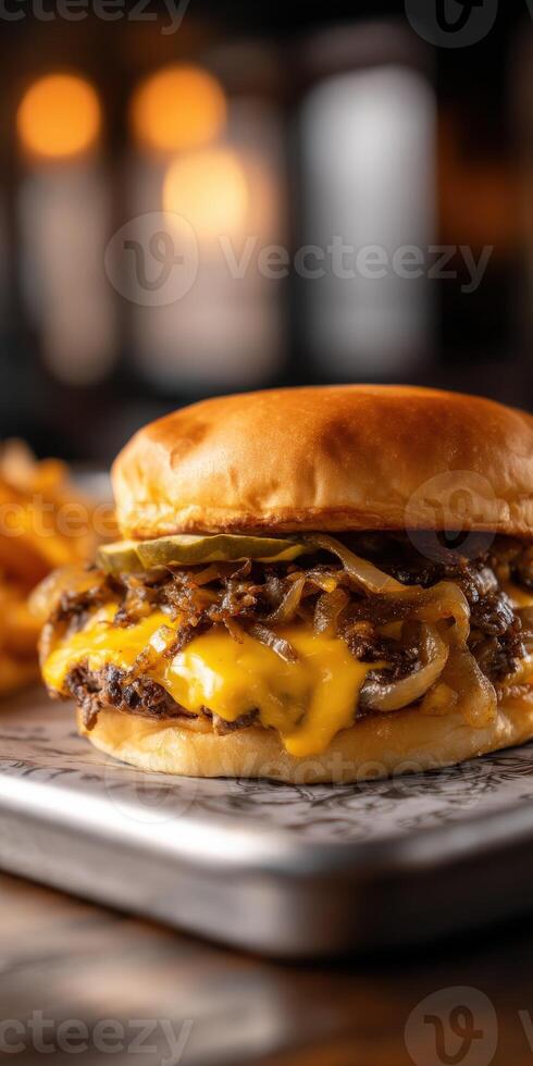 Juicy burger with melted cheese and grilled onions on a plate photo