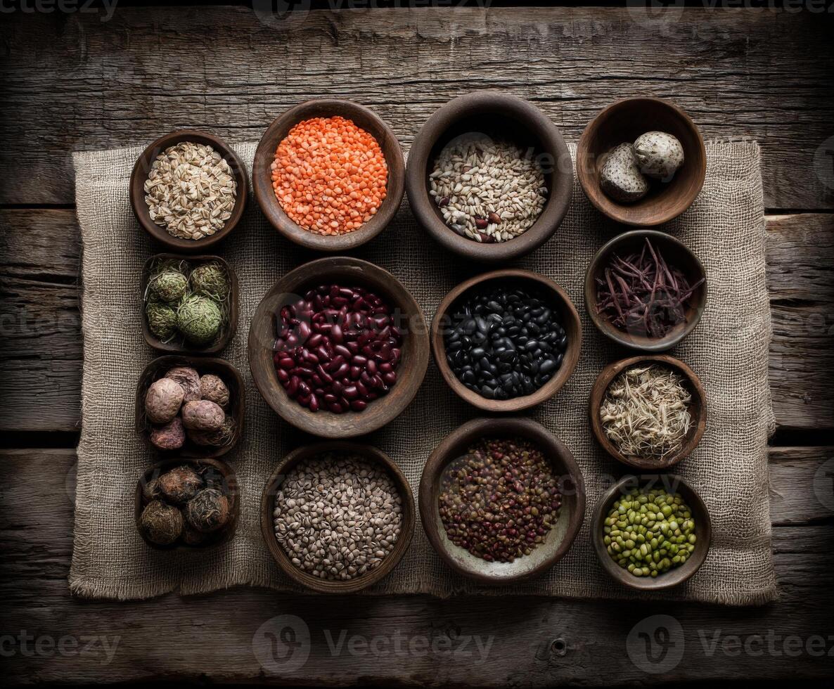 Various types of beans and seeds in bowls on a table photo