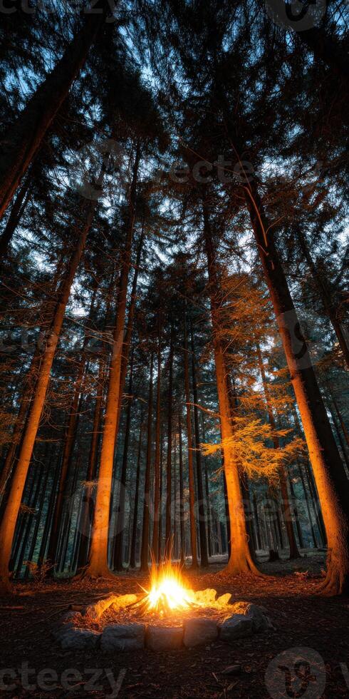 Evening campfire surrounded by tall trees in forest photo