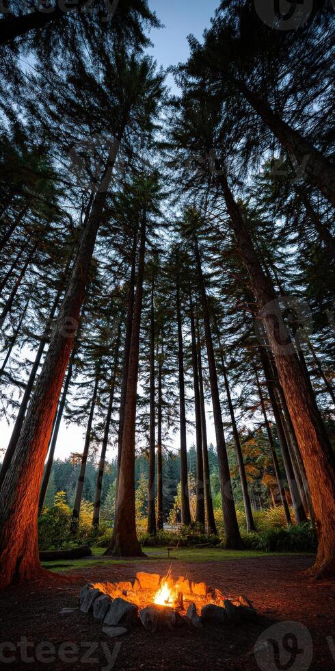 Campfire glows beneath towering trees in serene forest photo