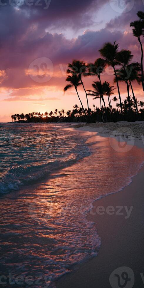 Sunsets glow over tranquil beach with palm trees swaying photo