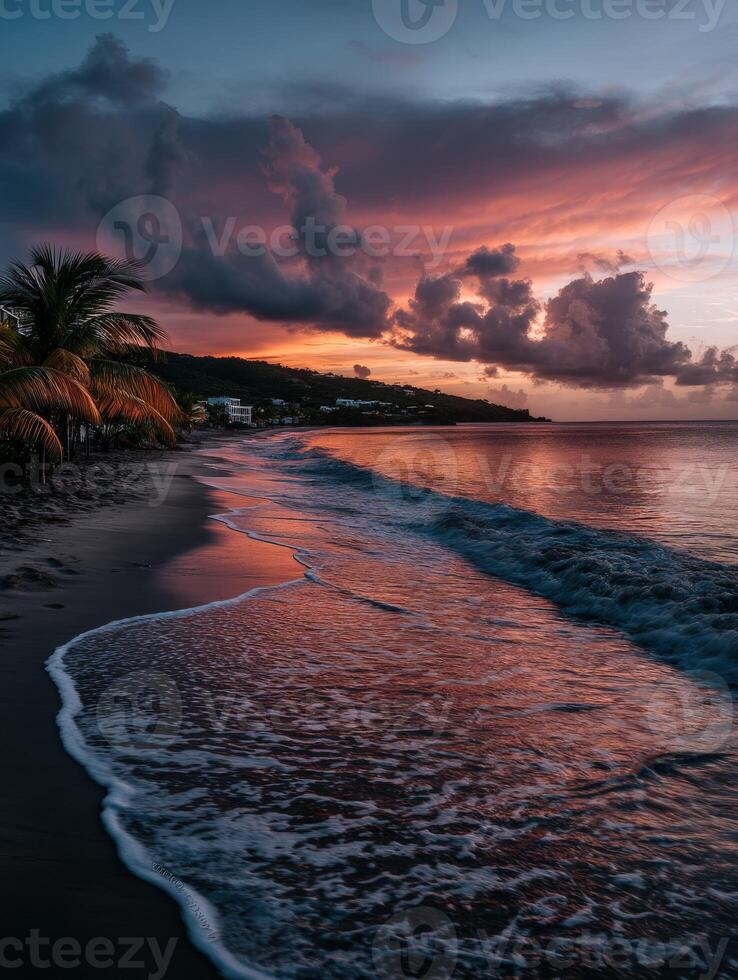 Sunset over the tranquil beach with calming waves photo