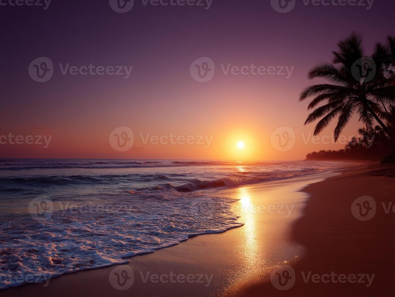 Beautiful sunset on a calm beach with palm trees in view photo