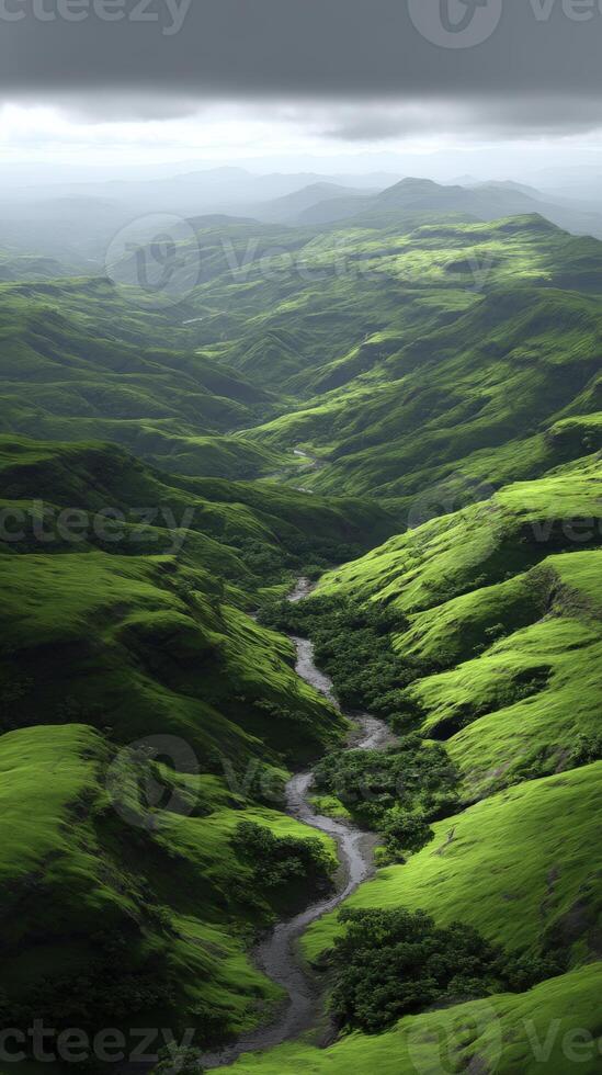 Lush green hills with a winding river under a cloudy sky photo
