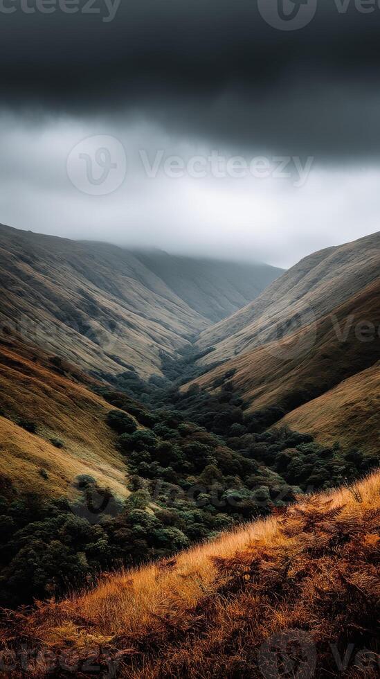 Vast green valleys beneath a cloudy sky in the mountains photo