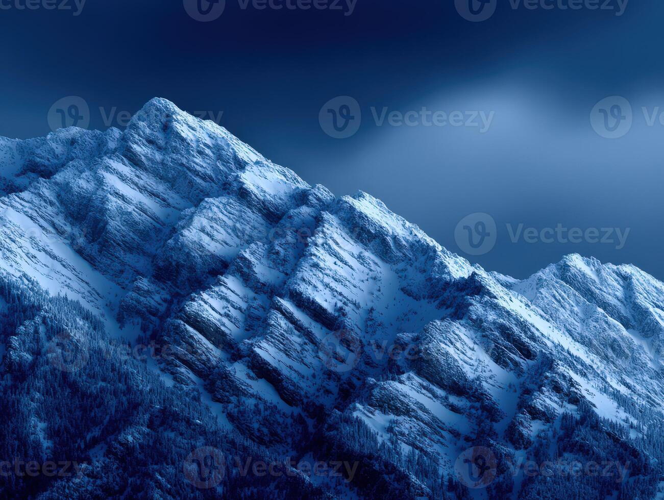 Majestic snow-covered mountains under dark clouds at twilight photo