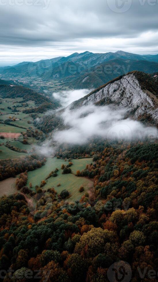 Mountain landscape with mist and colorful trees in autumn photo