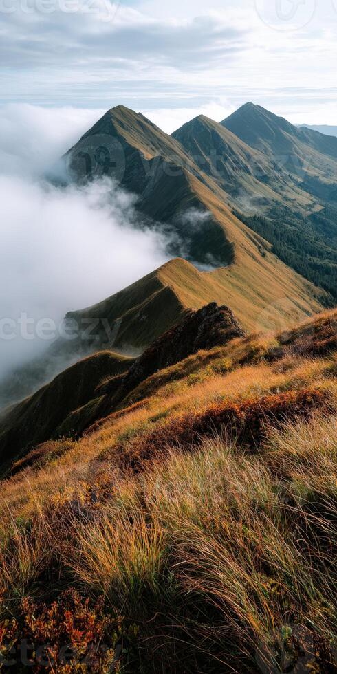 Serene mountains enveloped in mist under a clear sky photo