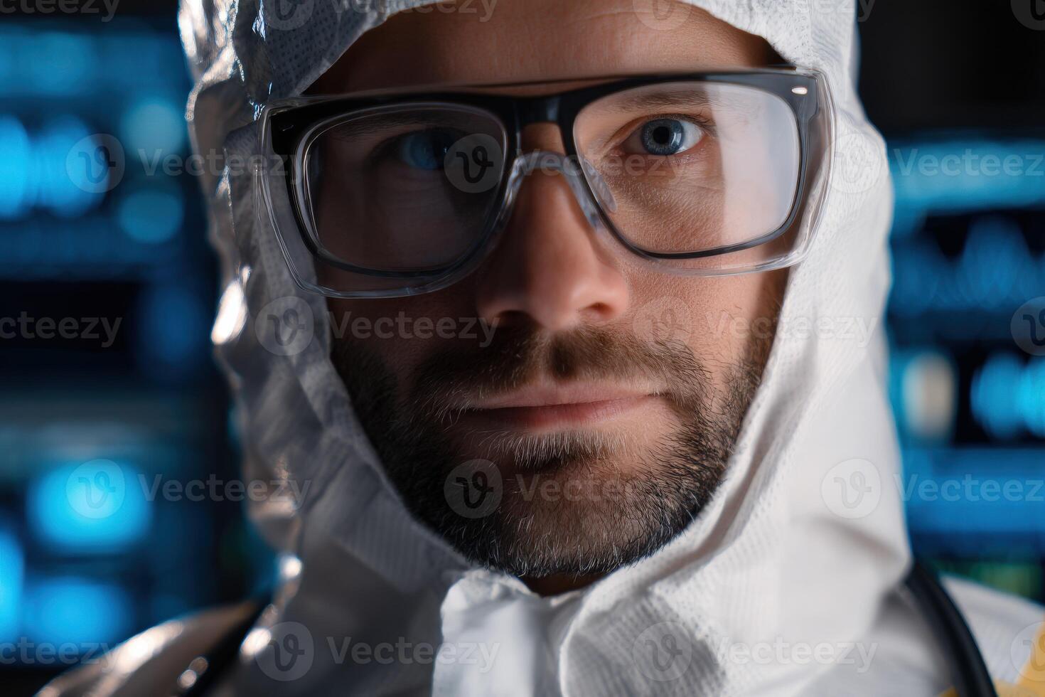 Scientist in protective suit focuses on research lab tools photo