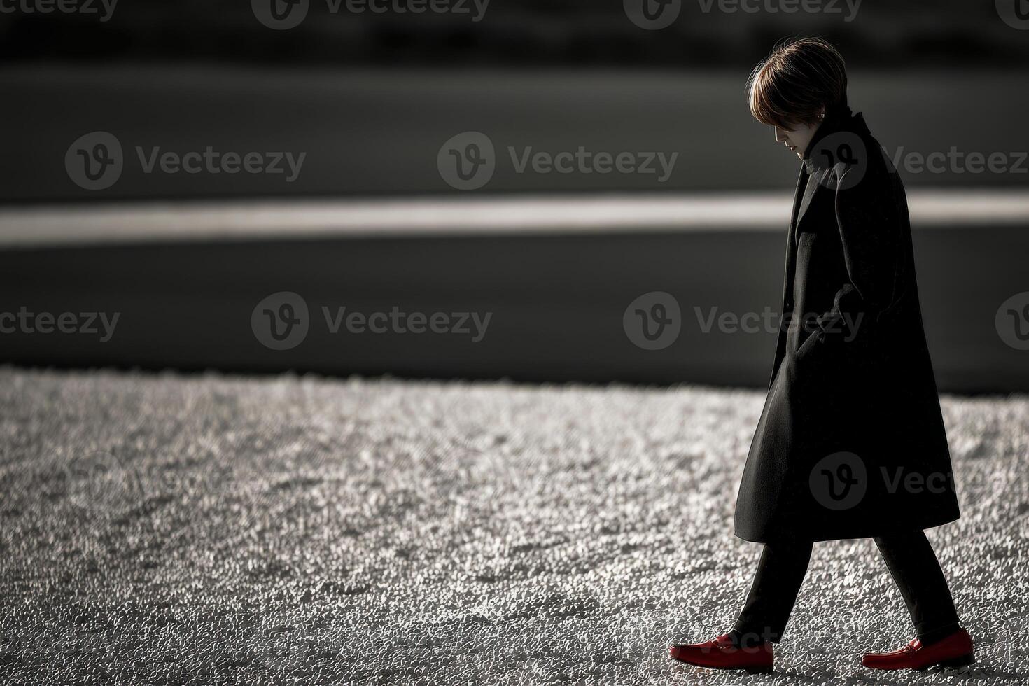 Person walking on a gray surface wearing red shoes and black coat photo